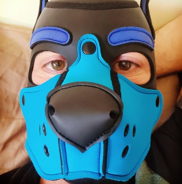 Close-up of a man in a pup mask.