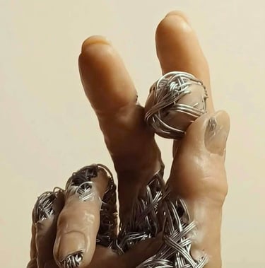 A sculpture of a single hand, part wire, part flesh coloured clay holding a small wire and clay ball