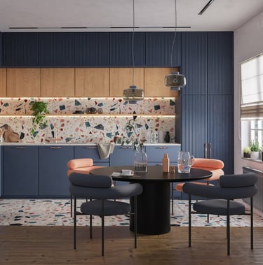 3D rendering of modern kitchen with blue cabinets, wood uppers, terrazzo backsplash, black round table, and large window.