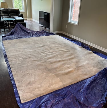 White rug on protective tarp: Professional in-home rug cleaning for ultimate convenience & safety.