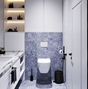 Modern bathroom with wall-mounted toilet, marble sink countertop, blue terrazzo tiles, and built-in lights.