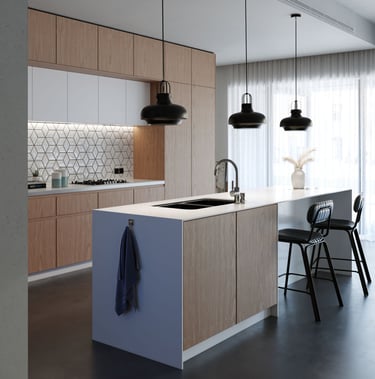 3D rendering of modern kitchen with wooden cabinets, geometric backsplash, island with sink, pendant lights, and bar stools.