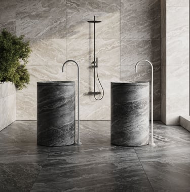 3D rendering of a modern bathroom with stone sinks, curved faucets, marble wall, shower, dark floor, and indoor plant.