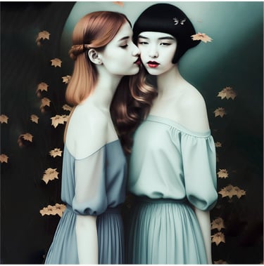 two women in masks and costumes with masks on