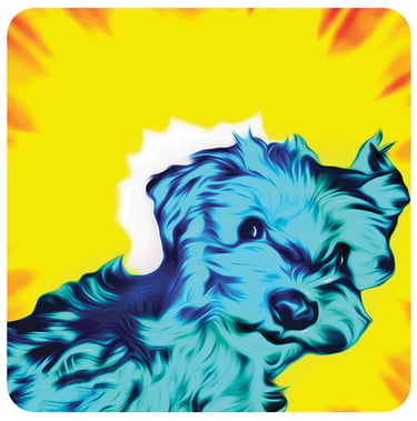 Pop art of Sparky the dog in sky blue with the sun as a bright yellow starburst in the background.
