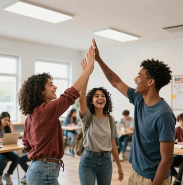 Candid wide-angle shot of three young friendly animators high-fiving and laughing in a bright, modern youth center, authentic youth lifestyle