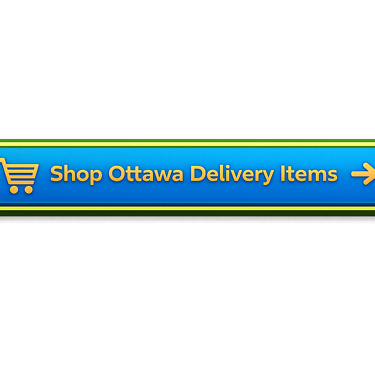 Blue call-to-action button with orange “Shop Ottawa Delivery Items” text and a green outline.