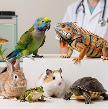 Veterinarian examining a colorful exotic bird in a bright clinic room.