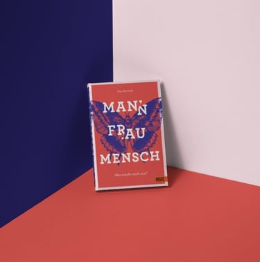 roter Buchtitel mit einem blauen Schmetterling und weißer Topographie "Mann Frau Mensch"