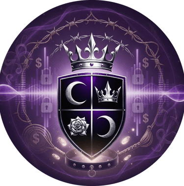 Vaeloria's crest of 2 moons, a crown and rose set in a shield with wings. a crown under barbed wire sit at the top
