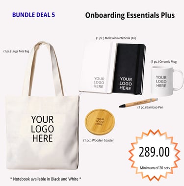 Onboarding Essentials Plus bundle with notebook, bamboo pen, tote bag, mug, and wooden coaster for c
