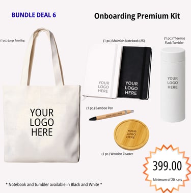 Premium onboarding kit with notebook, bamboo pen, tote bag, mug, and thermos tumbler personalized fo