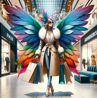 waman with shopping with wings as fairy