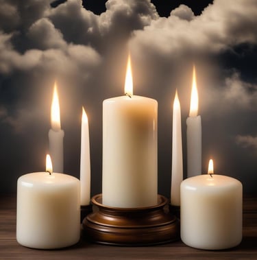 Church candles burning with clouds above, indicating psychic reading calm and spiritual healing