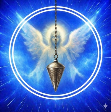 image d'un ange, un pendule de radiesthésie, deux cercles blancs ciel bleu