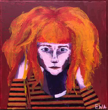 a painting of a woman with red hair and a striped shirt