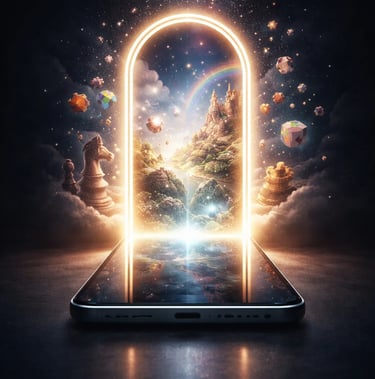 Vertical fantasy-tech art: sleek tablet with glowing portal opening into a magical world of games and creativity