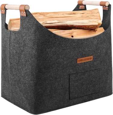 a large gray bag with a wood burning log