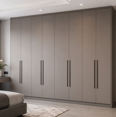 Modern floor-to-ceiling built-in wardrobe in a beige minimalist bedroom design.
