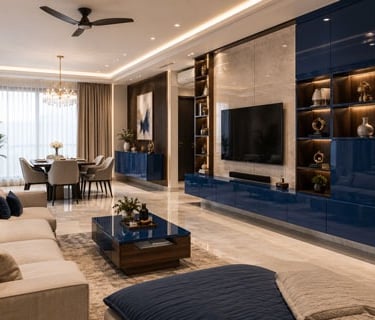 Modern luxury living room featuring blue gloss cabinets, a marble TV wall, and an open dining area.