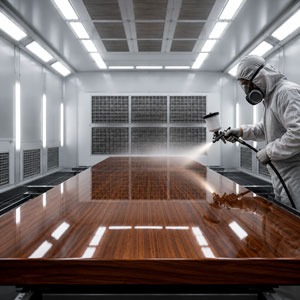 A professional in a hazmat suit uses a spray gun to apply a high-gloss finish to a wood table in a paint booth.