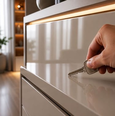 A hand tests the scratch resistance of a glossy beige cabinet surface with a metal key.