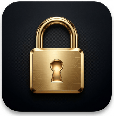 Golden padlock icon with circuit board patterns representing cybersecurity and data protection.