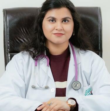 A professional female doctor in a white lab coat with a purple stethoscope.