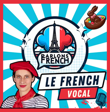 A woman in a red beret for Parlons French language lessons featuring an Eiffel Tower logo and Easter chocolate bunny.