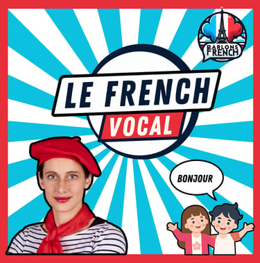 Woman in a red beret for Le French Vocal language lessons with children saying Bonjour.