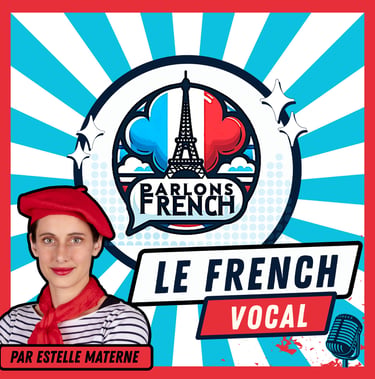 Parlons French podcast cover featuring Estelle Materne, Eiffel Tower logo, and Le French Vocal text.