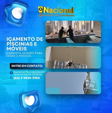 Equipe da Nacional Locação de Guindastes realizando içamento de piscinas e móveis