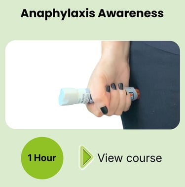 a course card for Anaphylaxis Awareness online course. 1 hour training.