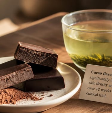 Dark chocolate squares and green tea on a wooden table with a note about cacao flavanols for skin health.