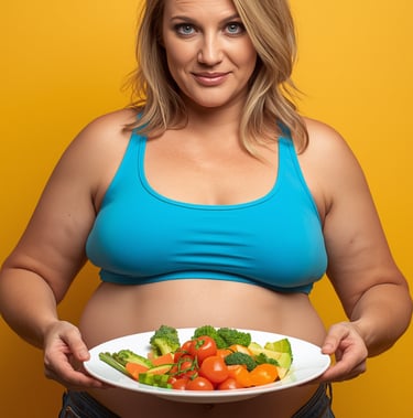 Smiling  woman holding a plate of fresh, healthy vegetables like broccoli, tomatoes, and carrots against a yellow