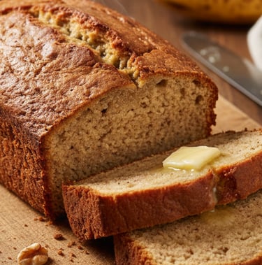 a loaf of banana bread with butter on a cutting board