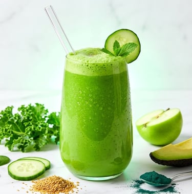 Healthy green smoothie with spinach, kale, and apple on a white marble background.