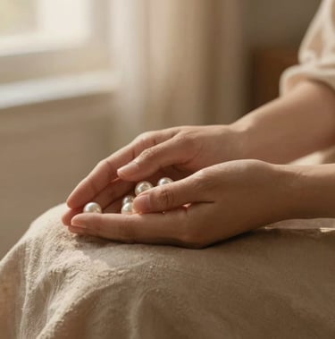 Hands in a gentle resting position on a soft linen fabric, warm diffused golden hour light, earthy sand and pearl tones, shallow depth of field, 35mm