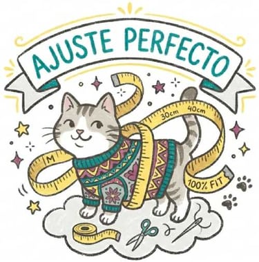 Ilustración de un gato con un suéter hecho a medida y una cinta métrica para un ajuste perfecto.