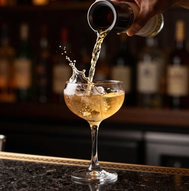 Exquisite craft cocktail being poured slowly into an artistic glass, splash of golden liquid, vibrant yet moody lighting, elite Brazilian lounge setting.