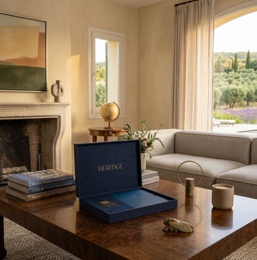 Property passport dans son ecrin posé sur une table basse