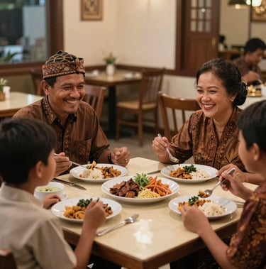 A happy Javanese family smiling and enjoying delicious meals together in a cozy, warm-lit restaurant atmosphere, with plates of warm food on a light cream table, Indonesian cultural context.