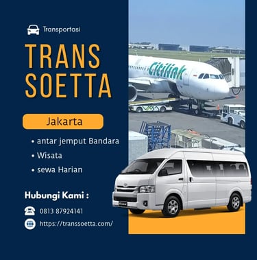 Brosur rental Trans Soetta, dengan background warna biru tua, pesawat Citilink dan Hiace silver.
