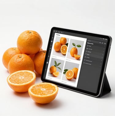 Fresh citrus oranges artfully arranged next to a sleek digital tablet displaying creative design layouts in a bright North American / US photography studio.