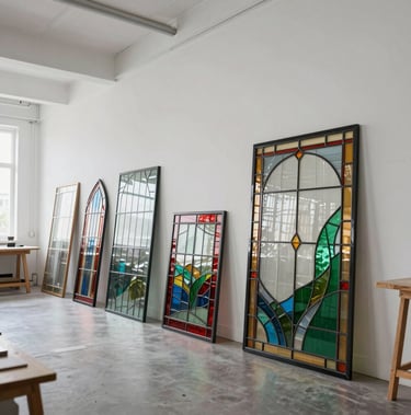 A stylish, airy contemporary workshop with white walls and high ceilings, showcasing several finished modern stained glass panels leaning elegantly against the wall.