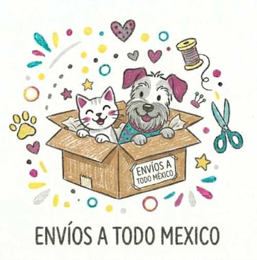 Gato y perro en una caja de envío con el texto "Envíos a todo México"