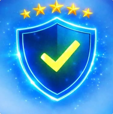 Blue shield with green checkmark and five gold stars surrounded by a blue glow premium secure verified protection