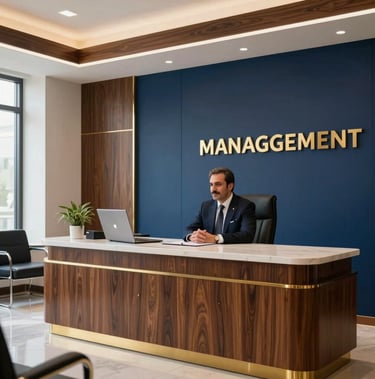An upscale Iraqi executive company office interior with professional design, rich wood, deep blue walls, and gold metallic accents, clean lighting, representation of brand management.