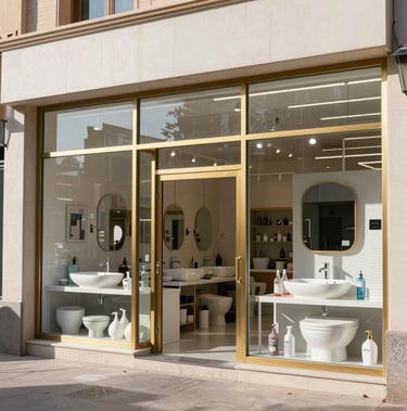 Modern sanitary ware showroom facade in Baghdad, with gold framing, transparent glass windows showing stylish countertop washbasins and premium bathroom supplies, bright daylight.