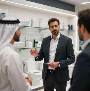 A professional Iraqi sales advisor in a clean business attire presenting high-end bathroom sanitary ware to Middle Eastern customers inside a brightly lit showroom.